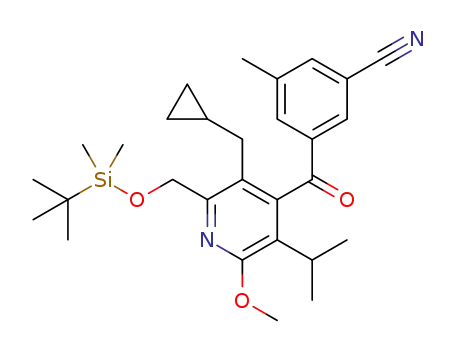 Molecular Structure of 1205515-17-8 (3-[2-(tert-butyl-dimethyl-silanyloxymethyl)-3-cyclopropylmethyl-5-isopropyl-6-methoxy-pyridin-4-carbonyl]-5-methyl-benzonitrile)