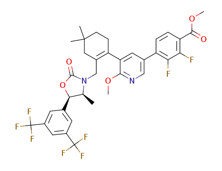 Molecular Structure of 1621254-34-9 (methyl 4-(3-(2-(((4S,5R)-5-(3,5-bis(trifluoromethyl)phenyl)-4-methyl-2-oxooxazolidin-3-yl)methyl)-4,4-dimethylcyclohex-1-enyl)-2-methoxypyridin-5-yl)-2,3-difluorobenzoate)