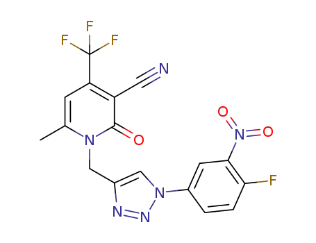 Molecular Structure of 1582270-94-7 (1-((1-(4-fluoro-3-nitrophenyl)-1H-1,2,3-triazol-4-yl)methyl)-6-methyl-2-oxo-4-(trifluoromethyl)-1,2-dihydropyridine-3-carbonitrile)