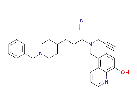 Molecular Structure of 1609078-42-3 (4-(1-benzylpiperidin-4-yl)-2-(((8-hydroxyquinolin-5-yl)methyl)(prop-2-ynyl)amino)butanenitrile)