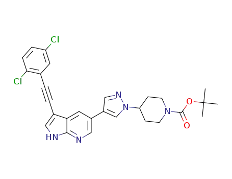 Molecular Structure of 1613333-43-9 (4-(4-(3-((2,5-dichlorophenyl)ethynyl)-1H-pyrrolo[2,3-b]pyridin-5-yl)-1H-pyrazol-1-yl)piperidine1-carboxylic acid tert-butyl ester)