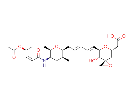Molecular Structure of 1426953-21-0 ([(3R,5S,7R,8R)-7-{(1E,3E)-5-[(2S,3S,5R,6R)-5-{[(2Z,4S)-4-(acetyloxy)pent-2-enoyl]amino}-3,6-di-methyltetrahydro-2H-pyran-2-yl]-3-methylpenta-1,3-dien-1-yl}-8-hydroxy-1,6-dioxaspiro[2.5]oct-5-yl]acetic acid)