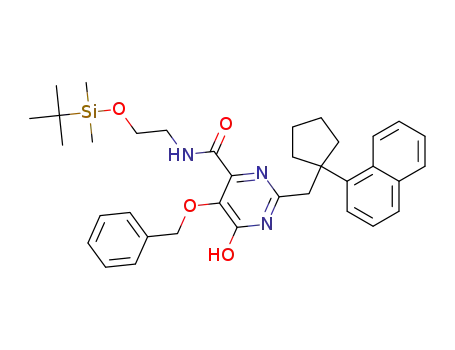 Molecular Structure of 1616924-95-8 (5-benzyloxy-6-hydroxy-2-(1-naphthalen-1-ylcyclopentylmethyl)pyrimidine-4-carboxylic acid [2-(tert-butyldimethylsilanyloxy)ethyl]amide)