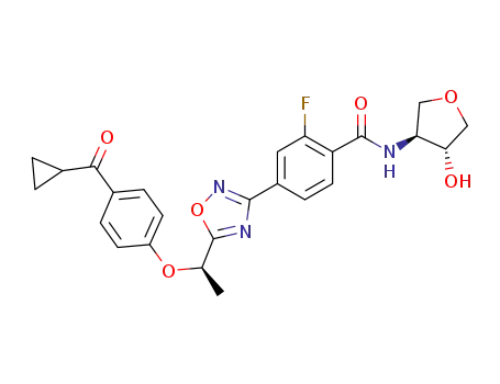 Molecular Structure of 1421582-97-9 (4-(5-{(1R)-1-[4-(cyclopropylcarbonyl)phenoxy]ethyl}-1,2,4-oxadiazol-3-yl)-2-fluoro-N-[(3S,4R)-4-hydroxytetrahydrofuran-3-yl]benzamide)