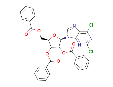 Molecular Structure of 339091-08-6 (9-(2'', 3'', 5''-TRI-O-BENZOYL-β-L-RIBOFURANOSYL)-2, 6-DICHLOROPURINE)