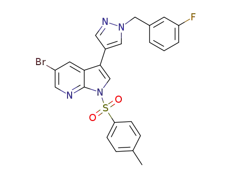 Molecular Structure of 1450642-74-6 (5-bromo-3-(1-(3-fluorobenzyl)-1H-pyrazol-4-yl)-1-tosyl-1H-pyrrolo[2,3-b]pyridine)
