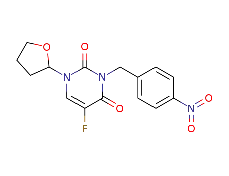 Molecular Structure of 98653-15-7 (5-fluoro-3-(4-nitrobenzyl)-1-(tetrahydrofuran-2-yl)pyrimidine-2,4(1H,3H)-dione)
