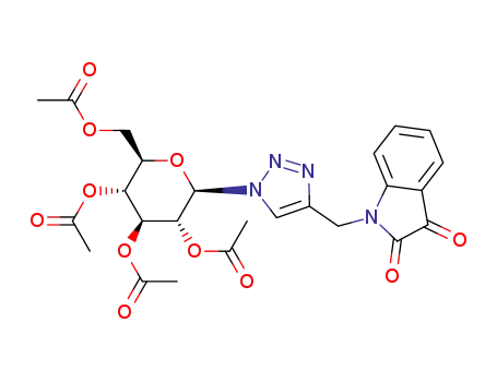 Molecular Structure of 1427040-73-0 (1-[{1′-(2′′,3′′,4′′,6′′-tetra-O-acetyl-β-D-glucopyranosyl)-1′H-1′,2′,3′-triazol-4′-yl} methyl]indoline-2,3-dione)