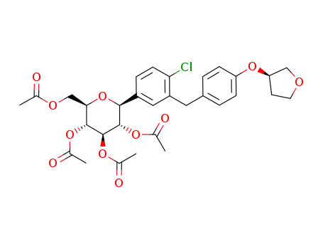 Molecular Structure of 915095-98-6 (1-chloro-4-(2,3,4,6-tetra-O-acetyl-D-glucopyranos-1-yl)-2-(4-(R)-tetrahydrofuran-3-yloxy-benzyl)-benzene)