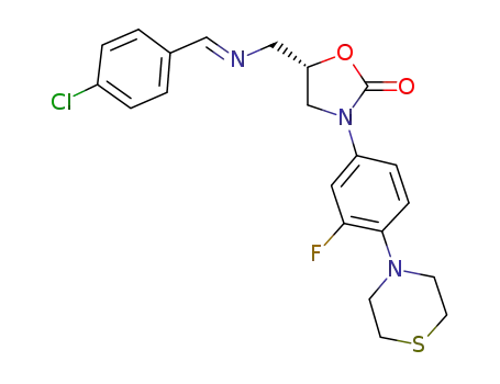 Molecular Structure of 1215197-17-3 ((5S)-5-{[((E)-4-chlorobenzylidene)amino]methyl}-3-(3-fluoro-4-thiomorpholin-4-ylphenyl)-1,3-oxazolidin-2-one)