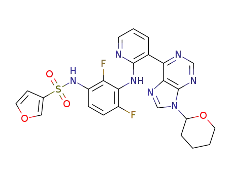 Molecular Structure of 1380228-95-4 (N-(2,4-difluoro-3-(3-(9-(tetrahydro-2H-pyran-2-yl)-9H-purin-6-yl)pyridin-2-ylamino)phenyl)furan-3-sulfonamide)