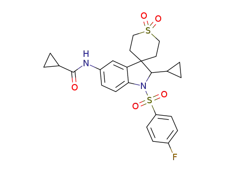 Molecular Structure of 1448041-24-4 (N-{2-cyclopropyl-1-[(4-fluorophenyl)sulfonyl]-1',1'-dioxido-1,2,2',3',5',6'-hexahydrospiro[indole-3,4'-thiopyran]-5-yl}cyclopropanecarboxamide)