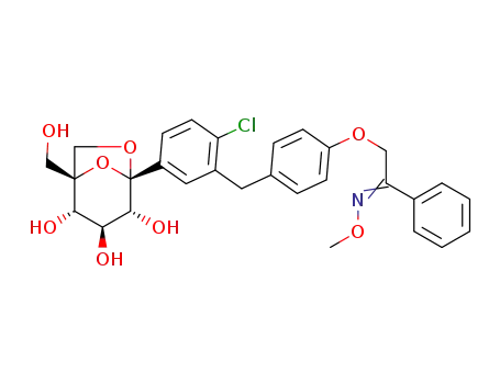 Molecular Structure of 1426925-06-5 (2-(4-(2-chloro-5-((1S,25,3S,4R,5S)-2,3,4-trihydroxy-1-(hydroxymethyl)-6,8-dioxabicyclo[3.2.1]octan-5-yl)benzyl)phenoxy)-1-phenylethanone O-methyl oxime)