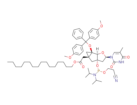Molecular Structure of 1374576-38-1 (1-[(3'S,5'R,6'S)-5'-O-[(4,4'-dimethoxytriphenyl)methyl]-6'-[(hexadecoxycarbonyl)methyl]-3'-O-[(2-cyanoethoxy)-diisopropylaminophosphanyl]-2'-deoxy-3',5'-ethano-5',6'-methano-β-D-ribofuranosyl]thymine)