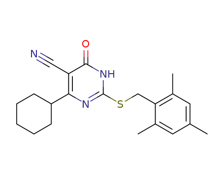 Molecular Structure of 1383539-70-5 (4-cyclohexyl-6-oxo-2-(2,4,6-trimethyl-benzylsulfanyl)-1,6-dihydro-pyrimidine-5-carbonitrile)