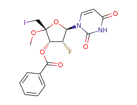 Molecular Structure of 1445380-99-3 (3'-O-benzoyl-2',5'-dideoxy-2'-fluoro-5'-iodo-4'-Cα-methoxyuridine)