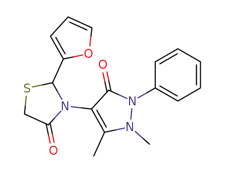 Molecular Structure of 128317-58-8 (3-(1,5-dimethyl-3-oxo-2-phenyl-2,3-dihydro-1H-pyrazol-4-yl)-2-(2-furyl)-1,3-thiazolidin-4-one)