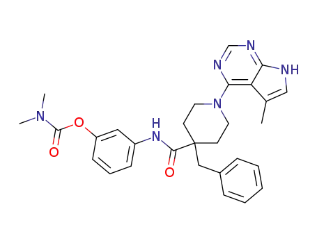 Molecular Structure of 1192189-48-2 (3-(4-benzyl-1-(5-methyl-7H-pyrrolo[2,3-d]pyrimidin-4-yl)piperidine-4-carboxamido)phenyl dimethylcarbamate)