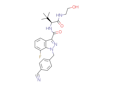 Molecular Structure of 1185282-09-0 (1-(4-cyanobenzyl)-7-fluoro-N-[(1S)-1-{[(2-hydroxyethyl)amino]carbonyl}-2,2-dimethylpropyl]-1H-indazole-3-carboxamide)