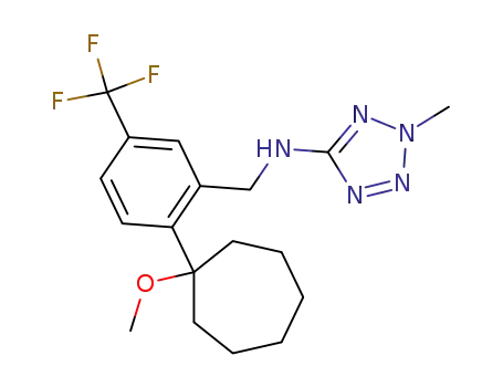 Molecular Structure of 949089-49-0 (N-(2-(1-methoxycycloheptyl)-5-(trifluoromethyl)benzyl)-2-methyl-2H-tetrazol-5-amine)
