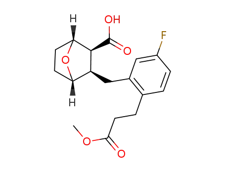 Molecular Structure of 404575-40-2 (7-Oxabicyclo[2.2.1]heptane-2-carboxylic acid,
3-[[5-fluoro-2-(3-methoxy-3-oxopropyl)phenyl]methyl]-, (1R,2S,3R,4S)-)