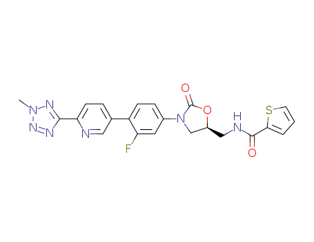 Molecular Structure of 1293990-09-6 ((S)-N-((3-(4-(2-(2-methyltetrazol-5-yl)pyridin-5-yl)-3-fluorophenyl)-2-oxo-oxazolidin-5-yl)methyl)thiopene-2-carboxamide)