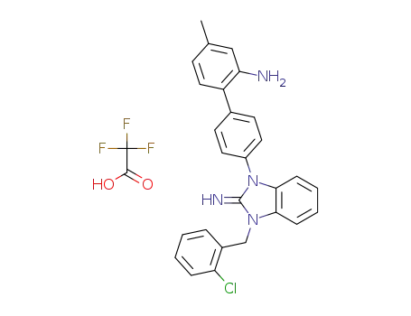 Molecular Structure of 1352874-51-1 (4'-[3-(2-chloro-benzyl)-2-imino-2,3-dihydro-benzoimidazol-1-yl]-4-methyl-biphenyl-2-ylamine trifluoroacetic acid)