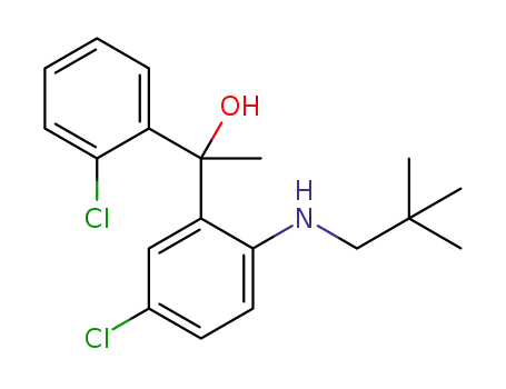 Molecular Structure of 922163-05-1 (Benzenemethanol,
5-chloro-a-(2-chlorophenyl)-2-[(2,2-dimethylpropyl)amino]-a-methyl-)