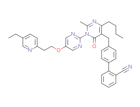 Molecular Structure of 1251746-43-6 (4'-{[4-butyl-1-{5-[2-(5-ethylpyridin-2-yl)ethoxy]pyrimidin-2-yl}-2-methyl-6-oxo-1,6-dihydropyrimidin-5-yl}methyl]biphenyl-2-carbonitrile)