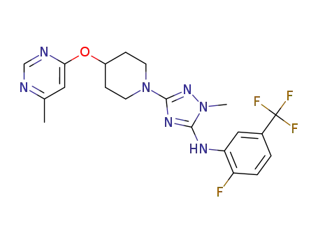 Molecular Structure of 1400691-83-9 (N-[2-fluoro-5-(trifluoromethyl)phenyl]-1-methyl-3-{4-[(6-methyl-4-pyrimidinyl)oxy]-1-piperidinyl}-1H-1,2,4-triazol-5-amine)