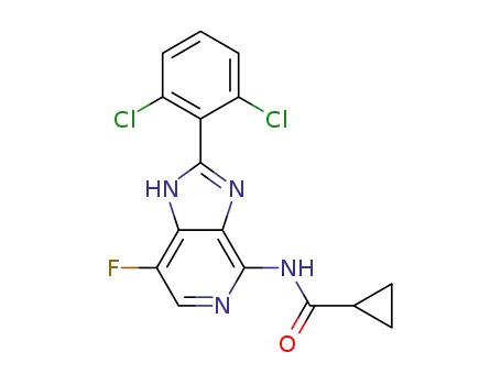 Molecular Structure of 1334407-23-6 (N-(2-(2,6-dichlorophenyl)-7-fluoro-1H-imidazo[4,5-c]pyridin-4-yl)cyclopropanecarboxamide)