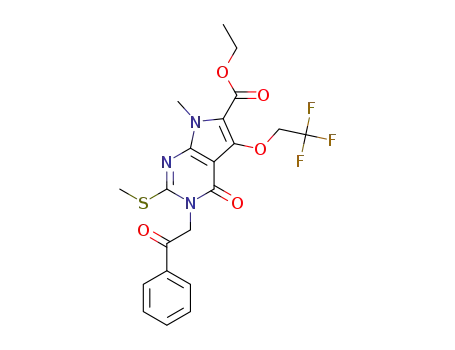 Molecular Structure of 1269119-25-6 (ethyl 7-methyl-2-(methylsulfanyl)-4-oxo-3-(2-oxo-2-phenylethyl)-5-(2,2,2-trifluoroethoxy)-4,7-dihydro-3H-pyrrolo[2,3-d]pyrimidine-6-carboxylate)