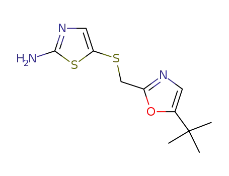 Molecular Structure of 224436-97-9 (5-{[(5-tert-butyl-1,3-oxazol-2-yl)methyl]sulfanyl}-1,3-thiazol-2-amine)