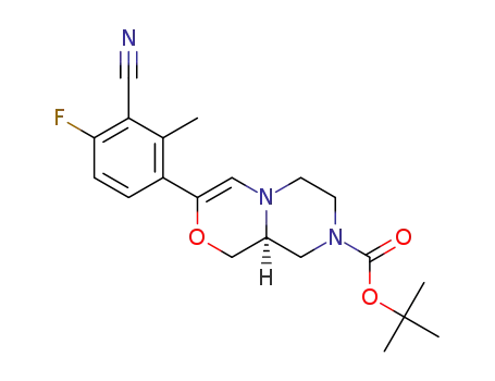Molecular Structure of 1426073-10-0 ((S)-3-(3-cyano-4-fluoro-2-methyl-phenyl)-6,7,9,9a-tetrahydro-1H-pyrazino[2,1-c][1,4]oxazine-8-carboxylic acid tert-butyl ester)
