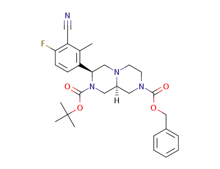 Molecular Structure of 1426071-31-9 ((3S,9aS)-8-benzyl 2-tert-butyl 3-(3-cyano-4-fluoro-2-methylphenyl)tetrahydro-1H-pyrazino[1,2-a]pyrazine-2,8 (9H,9aH)-dicarboxylate)