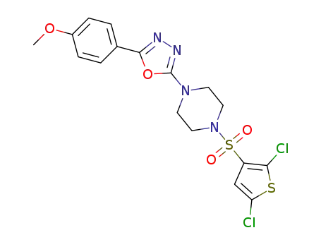 Molecular Structure of 1448334-90-4 (1-(2,5-dichloro-thiophene-3-sulfonyl)-4-[5-(4-methoxyphenyl)-[1,3,4]oxadiazol-2-yl]piperazine)