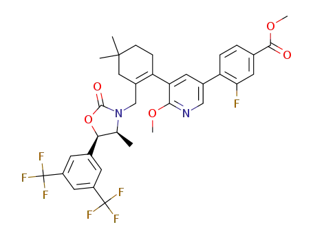 Molecular Structure of 1621254-25-8 (methyl 4-(3-(2-(((4S,5R)-5-(3,5-bis(trifluoromethyl)phenyl)-4-methyl-2-oxooxazolidin-3-yl)methyl)-4,4-dimethylcyclohex-1-enyl)-2-methoxypyridin-5-yl)-3-fluorobenzoate)