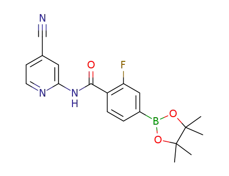 Molecular Structure of 1620677-20-4 (N-(4-cyanopyridin-2-yl)-2-fluoro-4-(4,4,5,5-tetramethyl-1,3,2-dioxaborolan-2-yl)benzamide)
