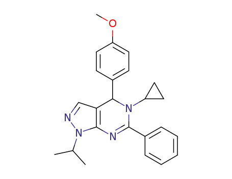 Molecular Structure of 877973-38-1 (5-cyclopropyl-1-isopropyl-4-(4-methoxyphenyl)-6-phenyl-4,5-dihydro-1H-pyrazolo[3,4-d]pyrimidine)