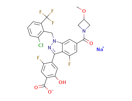 sodium 4-(1-(2-chloro-6-(trifluoromethyl)benzyl)-4-fluoro-6-(3-methoxyazetidine-1-carbonyl)-1H-indazol-3-yl)-5-fluoro-2-hydroxybenzoate