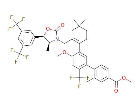 Molecular Structure of 1621254-47-4 (methyl 5'-(2-(((4S,5R)-5-(3,5-bis(trifluoromethyl)phenyl)-4-methyl-2-oxooxazolidin-3-yl)methyl)-4,4-dimethylcyclohex-1-enyl)-4'-methoxy-2-methyl-2'-(trifluoromethyl)biphenyl-4-carboxylate)