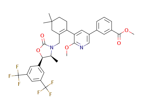 Molecular Structure of 1621254-27-0 (methyl 3-(3-(2-(((4S,5R)-5-(3,5-bis(trifluoromethyl)phenyl)-4-methyl-2-oxooxazolidin-3-yl)methyl)-4,4-dimethylcyclohex-1-enyl)-2-methoxypyridin-5-yl)benzoate)