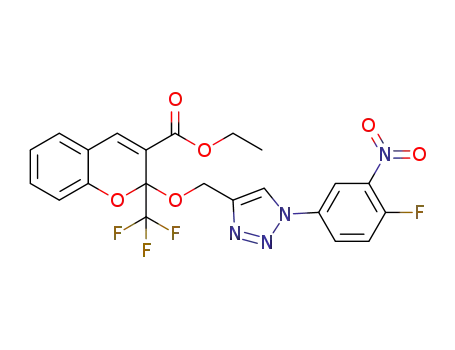 Molecular Structure of 1591994-28-3 (ethyl 2-((1-(4-fluoro-3-nitrophenyl)-1H-1,2,3-triazole-4-yl)methoxy)-2-(trifluoromethyl)-2H-chromene-3-carboxylate)