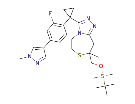 Molecular Structure of 1403396-88-2 (8-({[tert-butyl(dimethyl)silyl]oxy}methyl)-3-{1-[2-fluoro-4-(1-methyl-1H-pyrazol-4-yl)phenyl]cyclopropyl}-8-methyl-5,6,8,9-tetrahydro[1,2,4]triazolo[4,3-d][1,4]thiazepine)