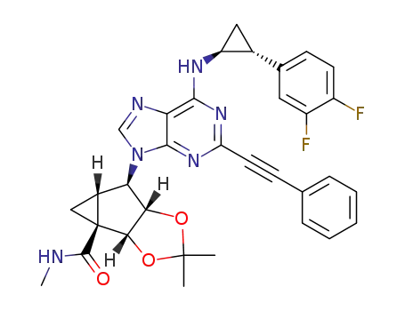Molecular Structure of 1619240-45-7 ((3aR,3bS,4aS,5R,5aS)-5-(6-(((1S,2R)-2-(3,4-difluorophenyl)cyclopropyl)amino)-2-(phenylethynyl)-9H-purin-9-yl)-N,2,2-trimethyltetrahydrocyclopropa[3,4]cyclopenta [1,2-d][1,3]dioxole-3b(3aH)-carboxamide)