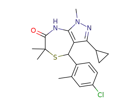 Molecular Structure of 1616360-80-5 (4-(4-chloro-2-methylphenyl)-3-cyclopropyl-1,6,6-trimethyl-4,8-dihydropyrazolo[3,4-e][1,4]thiazepin-7-one)