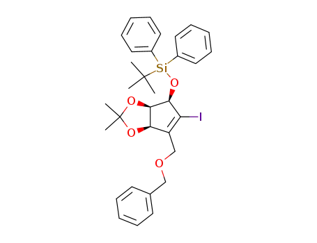 Molecular Structure of 491578-01-9 (((3aR,4R,6aR)-6-(benzyloxymethyl)-5-iodo-2,2-dimethyl-4,6a-dihydro-3aH-cyclopenta[d][1,3]dioxol-4-yloxy)(tert-butyl)diphenylsilane)