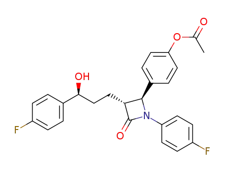Molecular Structure of 795306-53-5 (Acetic acid 4-{(2S,3R)-1-(4-fluoro-phenyl)-3-[(S)-3-(4-fluoro-phenyl)-3-hydroxy-propyl]-4-oxo-azetidin-2-yl}-phenyl ester)