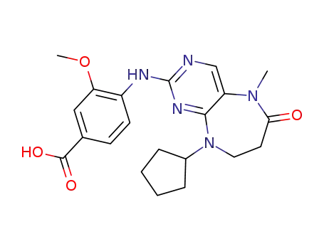 Molecular Structure of 946822-60-2 (4-[(2-cyclopentyl-6-methyl-5-oxo-2,6,9,11-tetrazabicyclo[5.4.0]undeca-7,9,11-trien-10-yl)amino]-3-methoxy-benzoic acid)