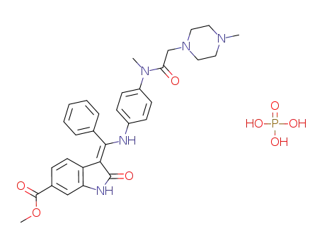 Molecular Structure of 959761-75-2 (methyl (3Z)-3-{[(4-{methyl[(4-methylpiperazin-1-yl)acetyl]amino}phenyl)amino](phenyl)methylidene}-2-oxo-2,3-dihydro-1H-indole-6-carboxylate phosphoric acid salt)